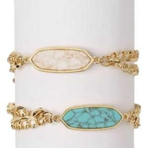 Premier Gold Chain Necklace w Turquoise and Cream Reversible Pendant “Beaches”